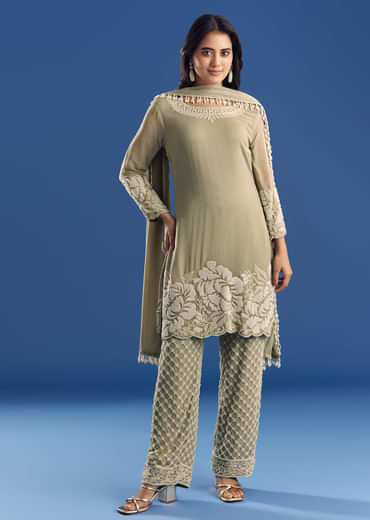 Green Beaded Kurta Pant Set With Dupatta In Georgette
