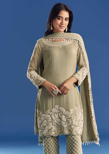 Green Beaded Kurta Pant Set With Dupatta In Georgette