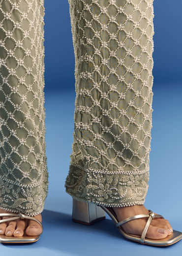 Green Beaded Kurta Pant Set With Dupatta In Georgette