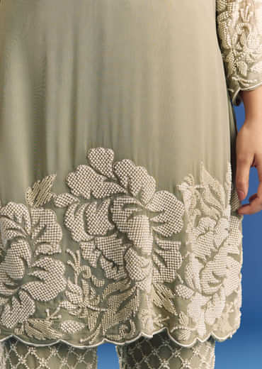 Green Beaded Kurta Pant Set With Dupatta In Georgette