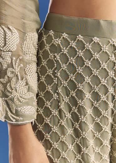 Green Beaded Kurta Pant Set With Dupatta In Georgette