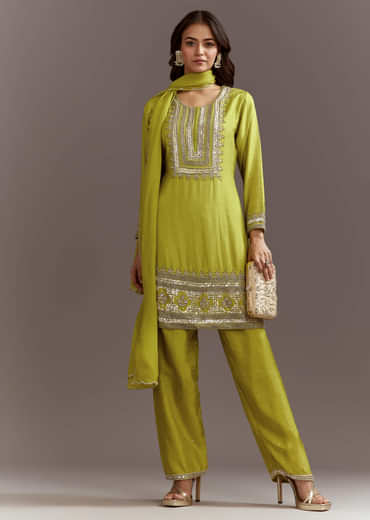Green Beads And Sequins Work Kurta Set With Organza Dupatta