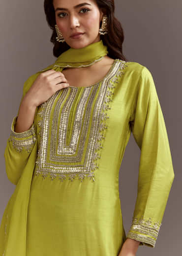 Green Beads And Sequins Work Kurta Set With Organza Dupatta