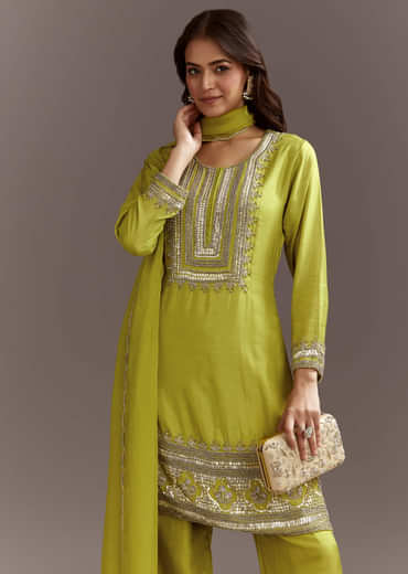Green Beads And Sequins Work Kurta Set With Organza Dupatta