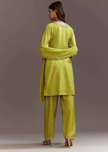 Green Beads And Sequins Work Kurta Set With Organza Dupatta