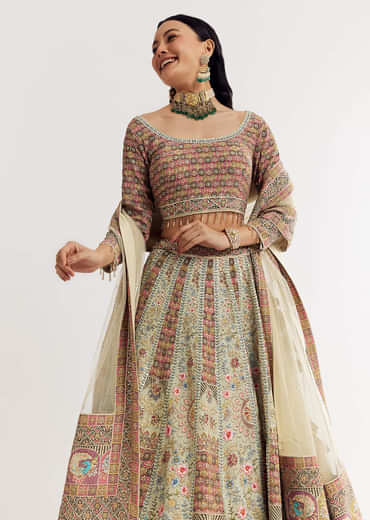 Green Beige Georgette Printed Lehenga With Scoop Neckline And Net Dupatta