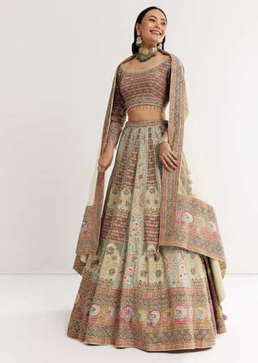 Green Beige Georgette Printed Lehenga With Scoop Neckline And Net Dupatta