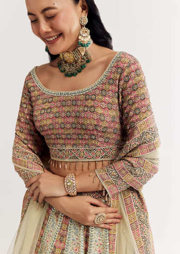 Green Beige Georgette Printed Lehenga With Scoop Neckline And Net Dupatta