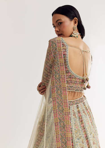 Green Beige Georgette Printed Lehenga With Scoop Neckline And Net Dupatta