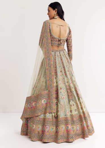 Green Beige Georgette Printed Lehenga With Scoop Neckline And Net Dupatta