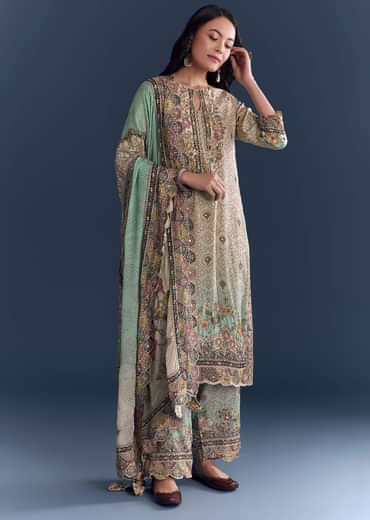 Green Beige Ombre Crepe Kurta Set With Floral Print