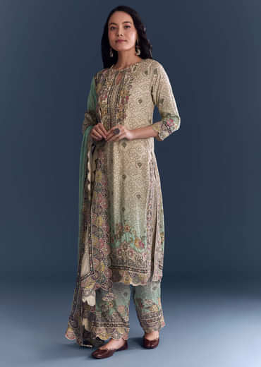 Green Beige Ombre Crepe Kurta Set With Floral Print