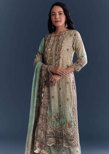 Green Beige Ombre Crepe Kurta Set With Floral Print