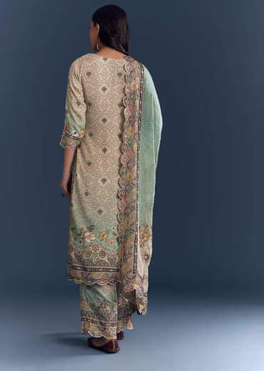 Green Beige Ombre Crepe Kurta Set With Floral Print