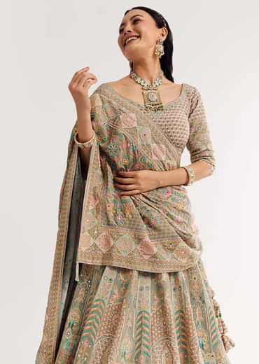 Green Beige Sweetheart Neck Georgette Printed Lehenga With Crepe Dupatta