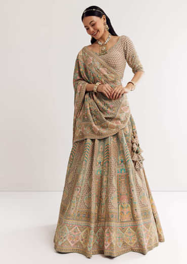 Green Beige Sweetheart Neck Georgette Printed Lehenga With Crepe Dupatta