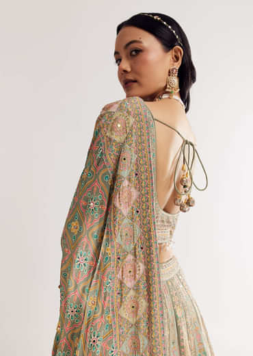 Green Beige Sweetheart Neck Georgette Printed Lehenga With Crepe Dupatta