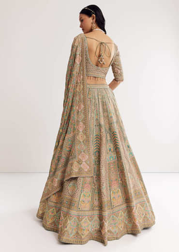 Green Beige Sweetheart Neck Georgette Printed Lehenga With Crepe Dupatta