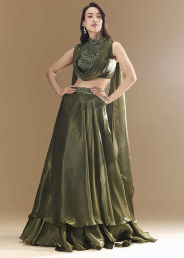 Green Bridesmaid Organza Lehega with Cowl Blouse
