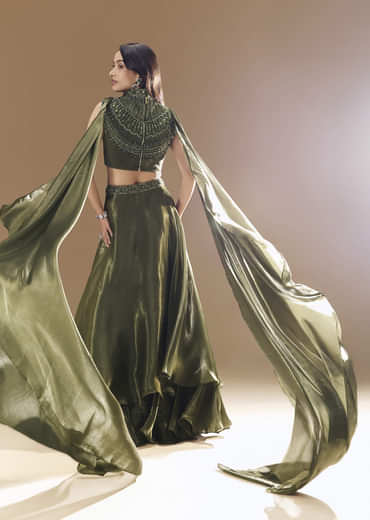 Green Bridesmaid Organza Lehega with Cowl Blouse