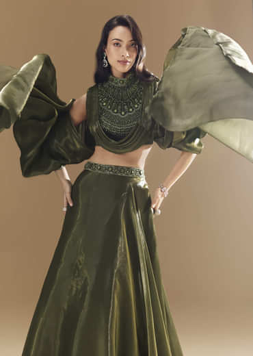 Green Bridesmaid Organza Lehega with Cowl Blouse