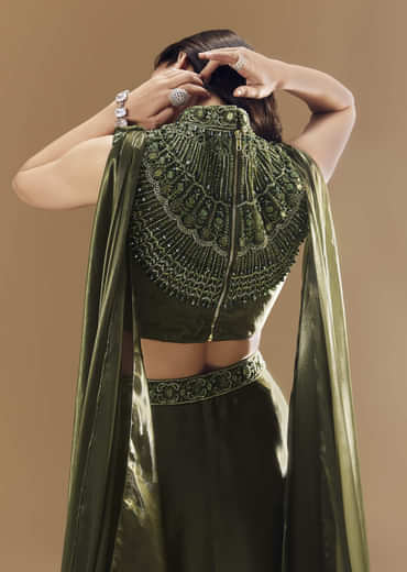 Green Bridesmaid Organza Lehega with Cowl Blouse