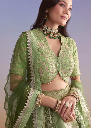 Green Brocade Silk Bridesmaid Lehenga With Zardosi Embroidery