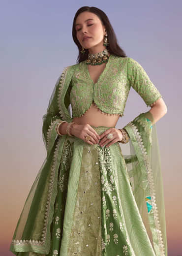 Green Brocade Silk Bridesmaid Lehenga With Zardosi Embroidery