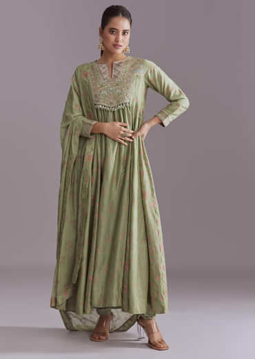Green Chanderi Anarkali Suit With Boho Prints