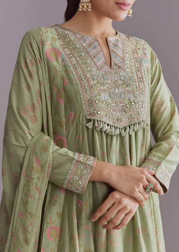 Green Chanderi Anarkali Suit With Boho Prints