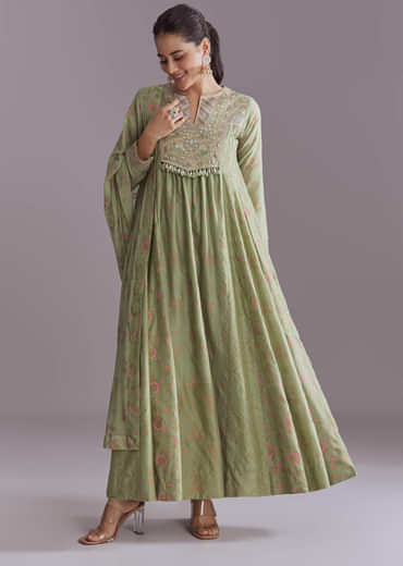 Green Chanderi Anarkali Suit With Boho Prints