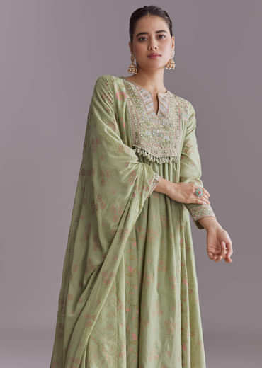 Green Chanderi Anarkali Suit With Boho Prints