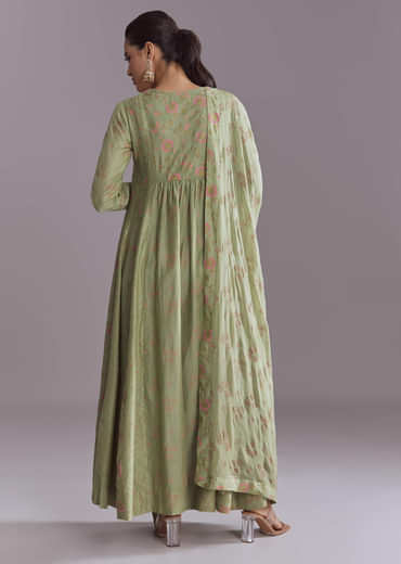 Green Chanderi Anarkali Suit With Boho Prints