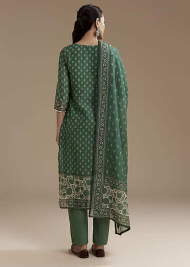 Green Chanderi Block Print Kurta Set