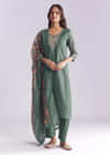 Green Chanderi Kurta Set With Stripe Print And Gota Work