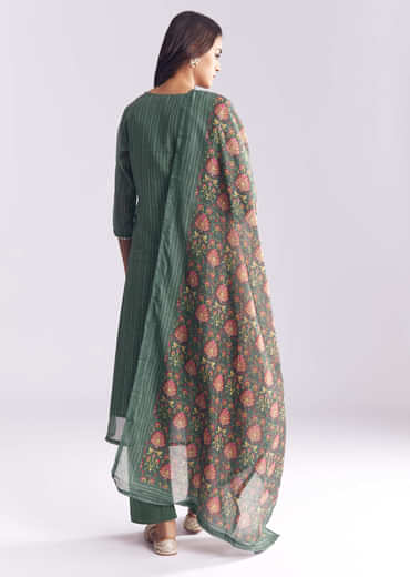 Green Chanderi Kurta Set With Stripe Print And Gota Work