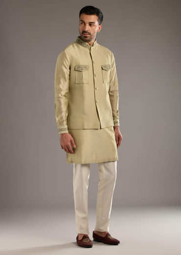 Green Chanderi Linen Kurta Jacket Set For Men With Dori Work