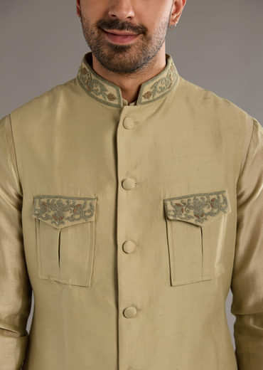 Green Chanderi Linen Kurta Jacket Set For Men With Dori Work