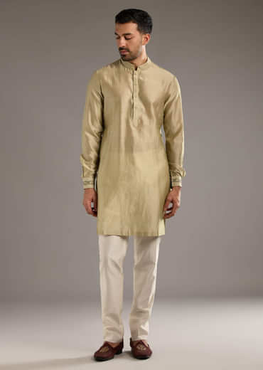 Green Chanderi Linen Kurta Jacket Set For Men With Dori Work