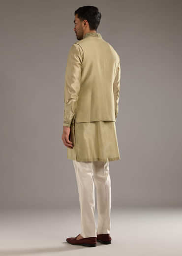 Green Chanderi Linen Kurta Jacket Set For Men With Dori Work