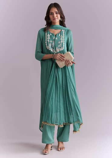 Green Chinon Anarkali Suit With Sequin And Resham Embroidery