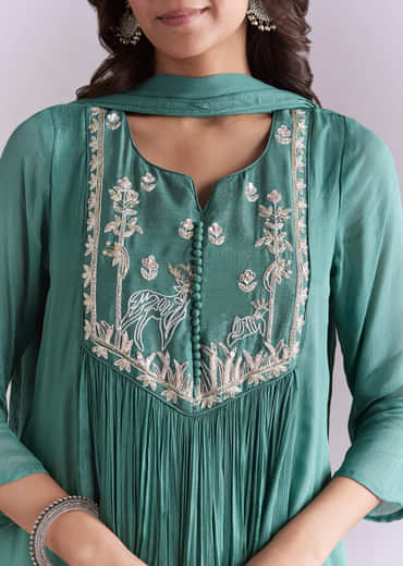 Green Chinon Anarkali Suit With Sequin And Resham Embroidery