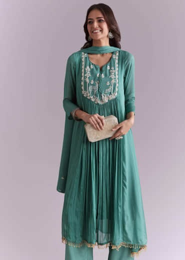 Green Chinon Anarkali Suit With Sequin And Resham Embroidery