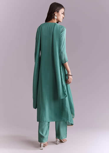 Green Chinon Anarkali Suit With Sequin And Resham Embroidery