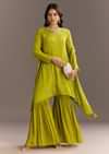 Green Chinon Asymmetrical Cut Kurta Sharara With Dupatta