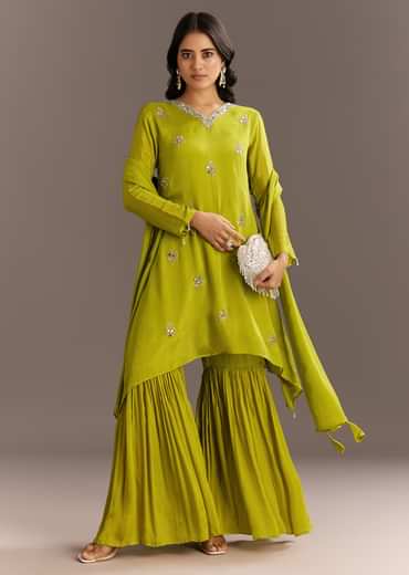 Green Chinon Asymmetrical Cut Kurta Sharara With Dupatta