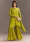 Green Chinon Asymmetrical Cut Kurta Sharara With Dupatta