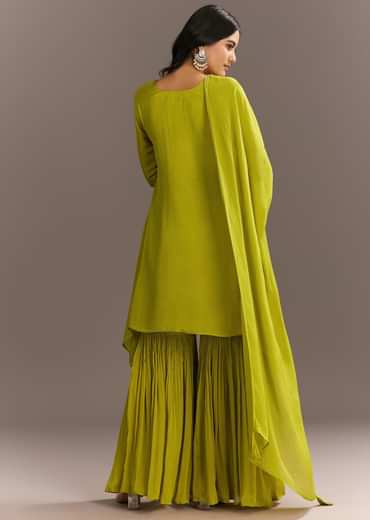 Green Chinon Asymmetrical Cut Kurta Sharara With Dupatta