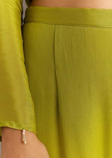 Green Chinon Asymmetrical Cut Kurta Sharara With Dupatta