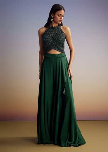 Green Chinon Crop Top Set With Sequins Work And Dupatta